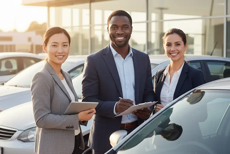 Equipe multicultural de uma concessionária sorrindo entre carros novos sob a luz do pôr do sol.
